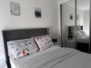 een slaapkamer met een bed met 2 kussens en een spiegel bij Modern 2 bed 2 bath Flat Close to Train station in Belvedere