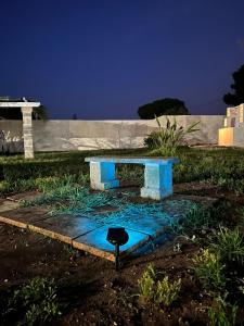 un banc bleu assis dans un parc la nuit dans l'établissement Salento Villa Don Peppino, à San Foca
