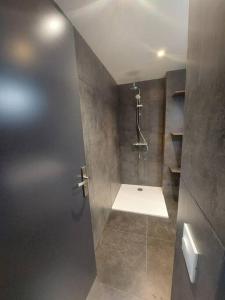 ein Bad mit einer Dusche, einem Waschbecken und einer Dusche in der Unterkunft Appartement dans village vacances in Ghisonaccia