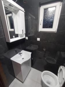 a bathroom with a sink and a toilet and a window at Cottage Usovic in Žabljak