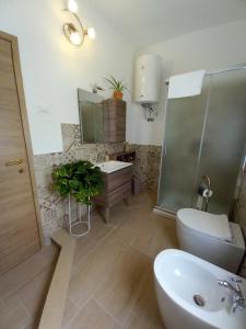 古斯皮尼的住宿－Divina Cuspide，一间带水槽、卫生间和镜子的浴室