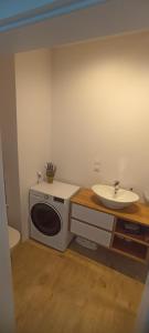 a bathroom with a sink and a washing machine at Błękitne zacisze in Gdańsk