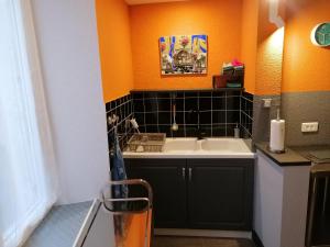 a kitchen with a white sink and an orange wall at Le gite de la Licorne in Saint-Mihiel