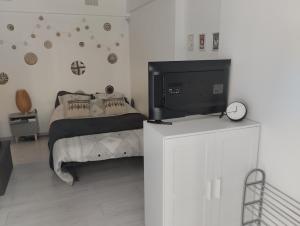 a bedroom with a bed and a flat screen tv at Studio jardin in Aubenas