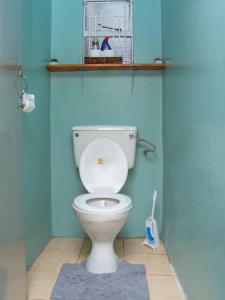 a bathroom with a toilet with a blue wall at Elegant Touch Home - 2 Bedroom House in Karen in Nairobi