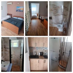 a collage of four pictures of a bedroom and a bathroom at Apartmany Makarská in Drvenik