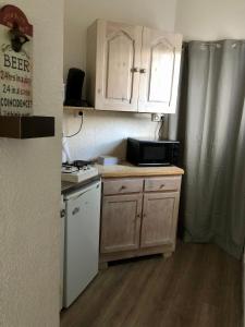 a small kitchen with a stove and a microwave at Petite maison VILLEFORT in Villefort