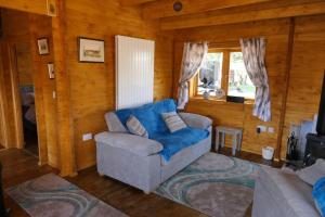 a living room with a blue chair in a cabin at Bishy Barnabees country lodge with hot tub in Swaffham