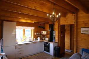 a kitchen with wooden walls and a stove top oven at Bishy Barnabees country lodge with hot tub in Swaffham