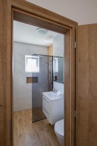 a bathroom with a white toilet and a sink at Apartments M in Seget Vranjica