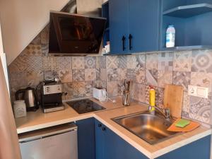 a kitchen with a sink and a tv on a counter at Apartments Provence in Sozopol