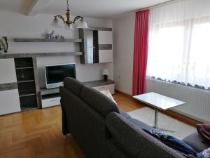 a living room with a couch and a television at Ferienhaus Putzke in Stadtilm