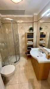 y baño con ducha, aseo y lavamanos. en Picassia Home Malaga Center, en Málaga
