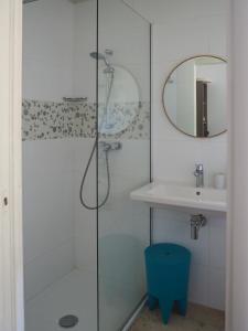 ein Bad mit einer Dusche und einem Waschbecken in der Unterkunft Songes d’été in Bonifacio