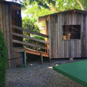 een klein houten gebouw met een groene pingpongbal bij Grande maison de charme avec piscine au coeur des vergers et vignobles in La Roche-de-Glun
