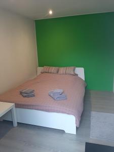 1 dormitorio con 1 cama con pared verde en Woning gelegen in rustige bosrijke omgeving, en Wingene