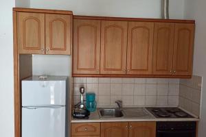 a kitchen with wooden cabinets and a white refrigerator at La casa de Sophie in (( Agía Eleoúsa )) +8 photos