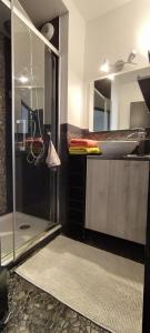 bagno con doccia in vetro e lavandino di Chambre chez Sylvain a Pleurtuit