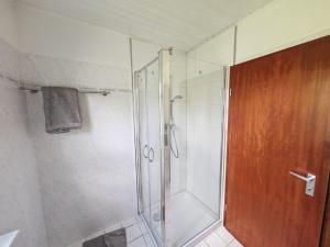 a shower with a glass door in a bathroom at Haus Brockenblick in Clausthal-Zellerfeld