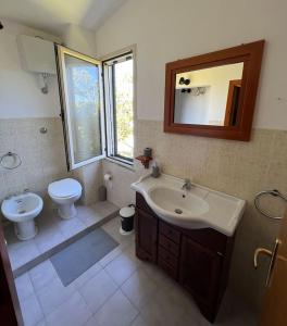 uma casa de banho com um lavatório, um WC e um espelho. em Putzurile House em Orosei