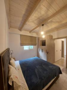 una camera da letto con un grande letto con una coperta blu di Zante Flower Studios & Apartments ad Alikanás