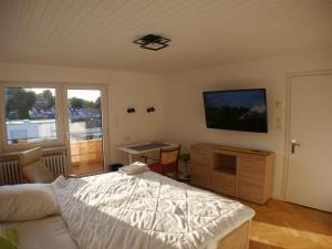 Schlafzimmer mit einem Bett und einem Flachbild-TV in der Unterkunft Siebengebirgsblick in Bonn