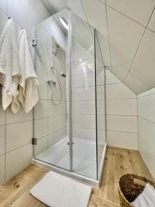 a shower with a glass door in a bathroom at Nosal Ski & Wine Apartments in Zakopane