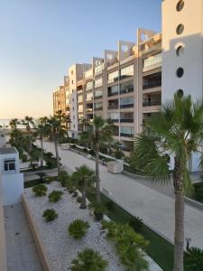widok na budynek z palmami na pierwszym planie w obiekcie MAR & SAL Roquetas de Mar playa de las Salinas w mieście Roquetas de Mar