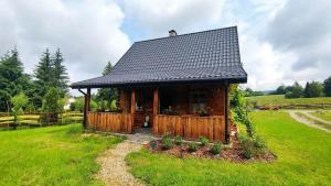 a small wooden cabin with a black roof in a field at Osada Strusie Jajo w Bieszczadach in Ustrzyki Dolne
