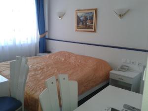 a small bedroom with a bed and a table at Hotel Vila Bojana in Bled
