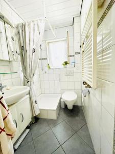 a white bathroom with a toilet and a sink at Behagliches Apartment für 2 in Wetzlar