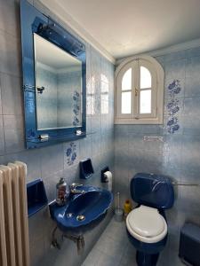 a bathroom with a blue sink and a toilet at Molly’s Home in Víssa +18 photos