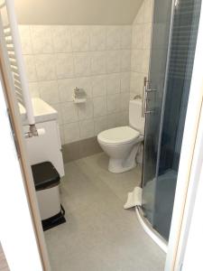 een badkamer met een toilet en een glazen douche bij A-ura Pokoje goscinne in Mikołajki