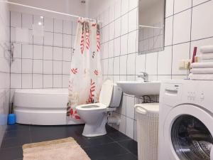 y baño con aseo, lavabo y lavadora. en Riga Centre Sun Apartments, en Riga