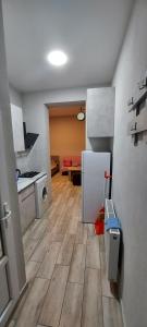 uma cozinha com um frigorífico e uma mesa em Small Cozy Flat em Tbilisi