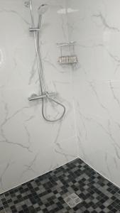 a shower in a bathroom with white marble walls at Tiernan's Luxury King Room Ensuite in Charlestown