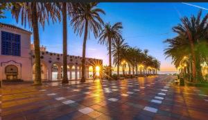 a street with palm trees in front of a building at Marixa Room in Nerja