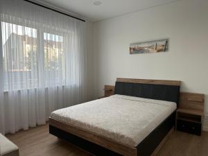 ein Schlafzimmer mit einem Bett und einem großen Fenster in der Unterkunft Villa BEBRŲ NAMAI with Hot Tub in Ginduliai