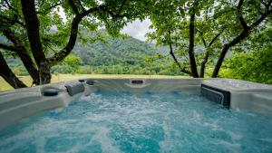 a hot tub with water and trees in a field at Holiday House Sofia in Delnice