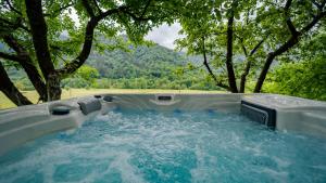 una bañera de hidromasaje con agua y árboles en un campo en Holiday House Sofia, en Delnice