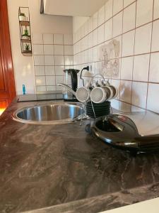 a kitchen counter with a sink with pots and pans at apartment IVA in Supetarska Draga +88 photos