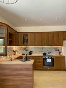 a large kitchen with wooden cabinets and appliances at Villa Antonia in Alikanas