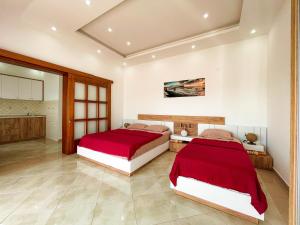 a bedroom with two beds and a kitchen at Apartments Villa Egzon in Ulcinj