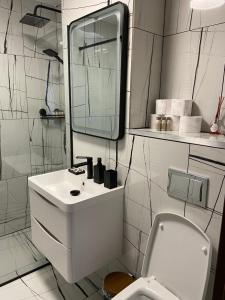 ein weißes Bad mit einem Waschbecken und einem WC in der Unterkunft Apartament Eve in Câmpulung Moldovenesc