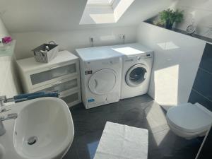a bathroom with a washing machine and a toilet at Lenis Kotte in Papenburg