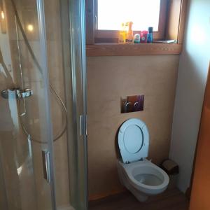 mała łazienka z toaletą i prysznicem w obiekcie Horná chata u Bratrikov w mieście Haligovce