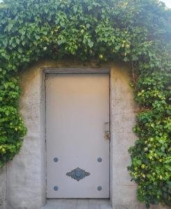 una puerta blanca en una pared de piedra con plantas en Maison des 4 Vallées en La Barthe-de-Neste