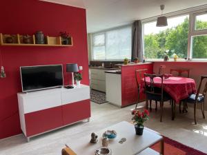 a red living room with a table and a kitchen at Het Riethuis in Holthone