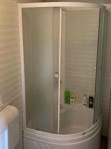 La salle de bains est pourvue d'une douche avec une porte en verre. dans l'établissement Tiny house & Glamping tent, à Kotor