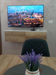 einen TV an einer Wand mit einer Vase lila Blumen in der Unterkunft Apartman Zara in Jagodina